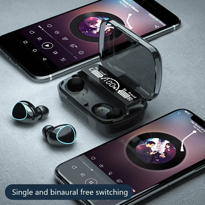 Black m10 bluetooth earphones with blue led display accents beside charging case showing 100% battery level