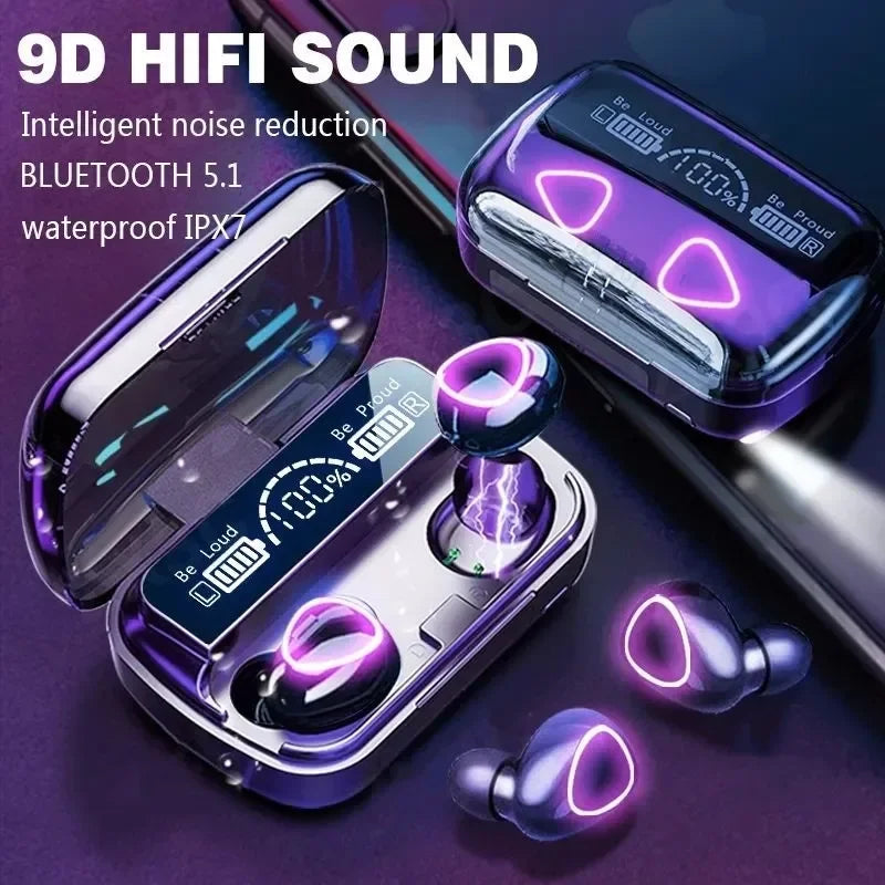 Purple and silver m10 bluetooth earphones with glowing accents in a sleek charging case with handfree led dispay and bluetooth hifi stereo