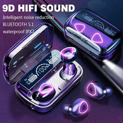 Purple and silver m10 bluetooth earphones with glowing accents in a sleek charging case with handfree led dispay and bluetooth hifi stereo