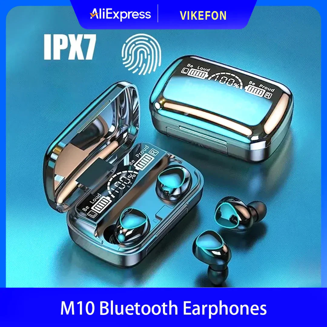 Shiny metallic blue and black m10 bluetooth earphones wireless earbuds waterproof with sleek glossy finish in charging case