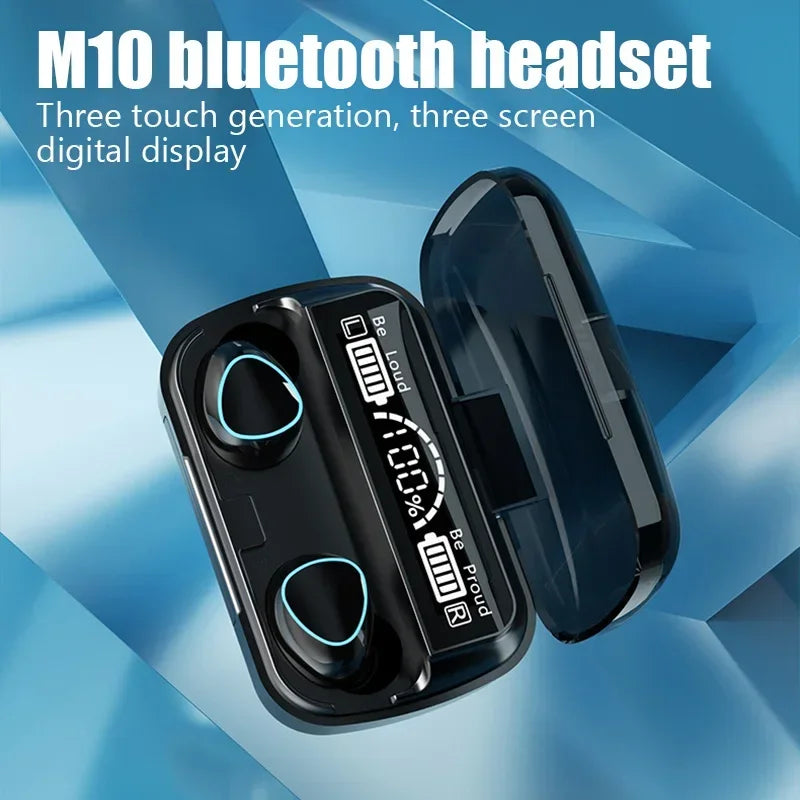 Black m10 bluetooth earphones with sleek glossy finish handfree led dispay and bluetooth hifi stereo glowing blue accents