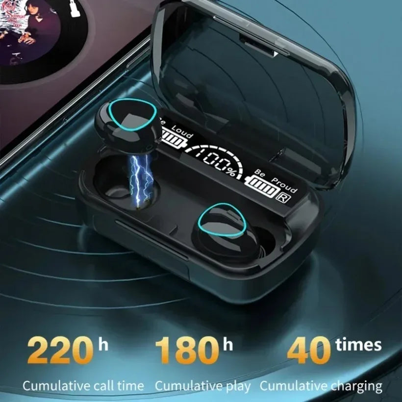 Black m10 bluetooth earphones wireless earbuds waterproof with teal accents in a glossy charging case displaying battery life