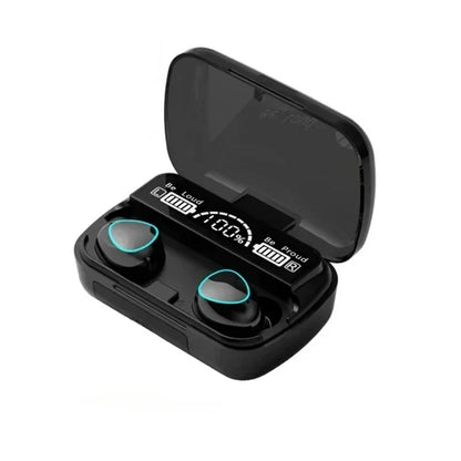 Black m10 bluetooth earphones wireless earbuds waterproof with teal accents in a matte charging case with led display showing 100 percent battery