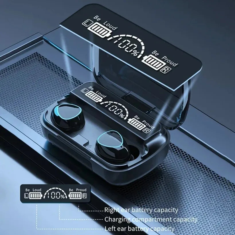 Black m10 bluetooth earphones with teal accents in a glossy charging case featuring led display and waterproof design