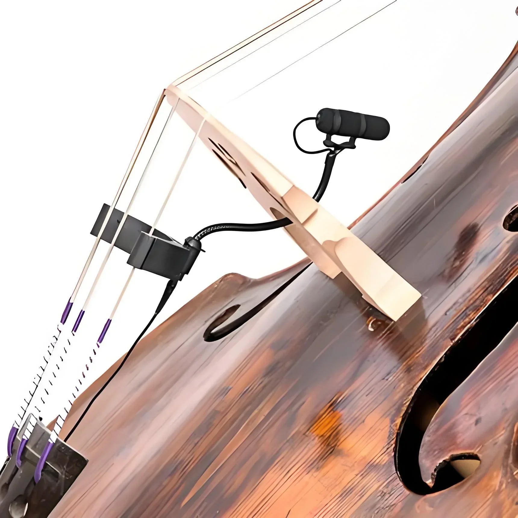 Black condenser m100b professional bass microphone clip with flexible gooseneck attached to wooden cello for instrument use
