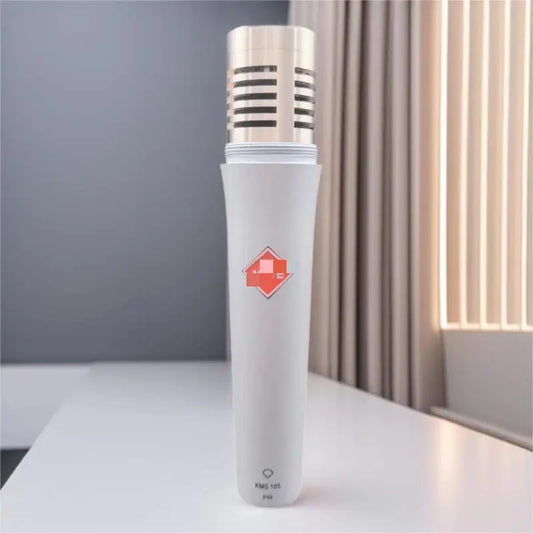 A sleek matte white m105 condenser microphone with metallic grille and orange diamond logo for live microphone recording and studio handheld use