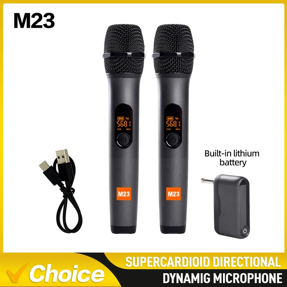 Black m23 uhf 2 channel wireless microphone system with rechargeable receiver cordless handheld mic for karaoke church party use