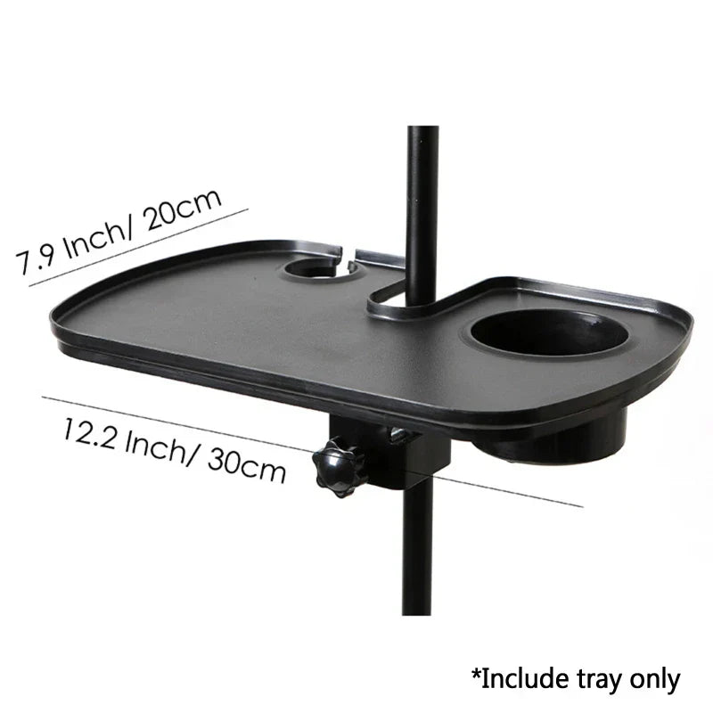 Black plastic umbrella table tray with two cup holders and clamp for m2ec adjustable microphone stand multi functional use