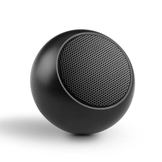 Black spherical m3 wireless bluetooth speaker with matte finish and perforated metal grille for portable stereo sound