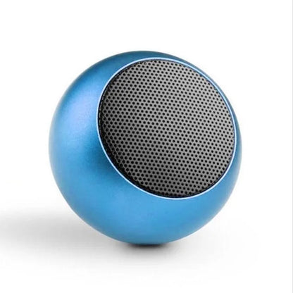 A sleek spherical blue metal m3 wireless bluetooth speaker with a perforated black grille for portable stereo sound