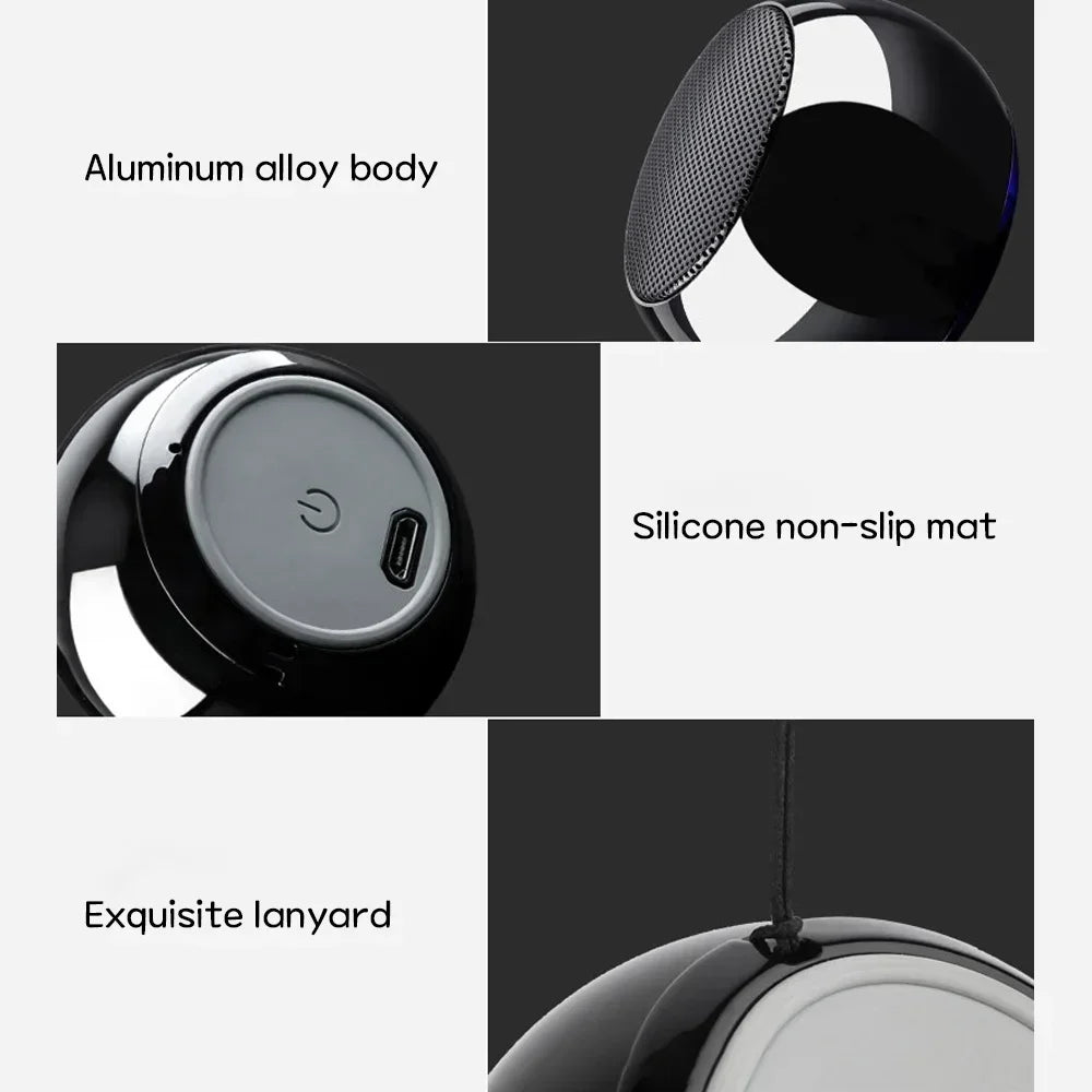 Black M3 wireless bluetooth speaker with polished aluminum alloy body, silicone non-slip base, and portable lanyard