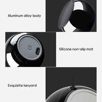Black M3 wireless bluetooth speaker with polished aluminum alloy body, silicone non-slip base, and portable lanyard