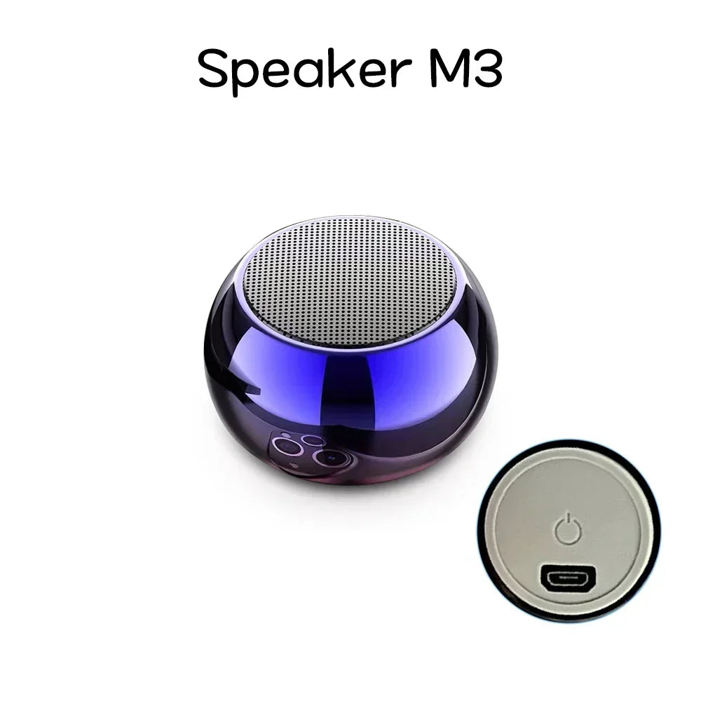 The speaker M3 wireless Bluetooth speaker is a sleek black and blue spherical metal subwoofer with a silver grille on top