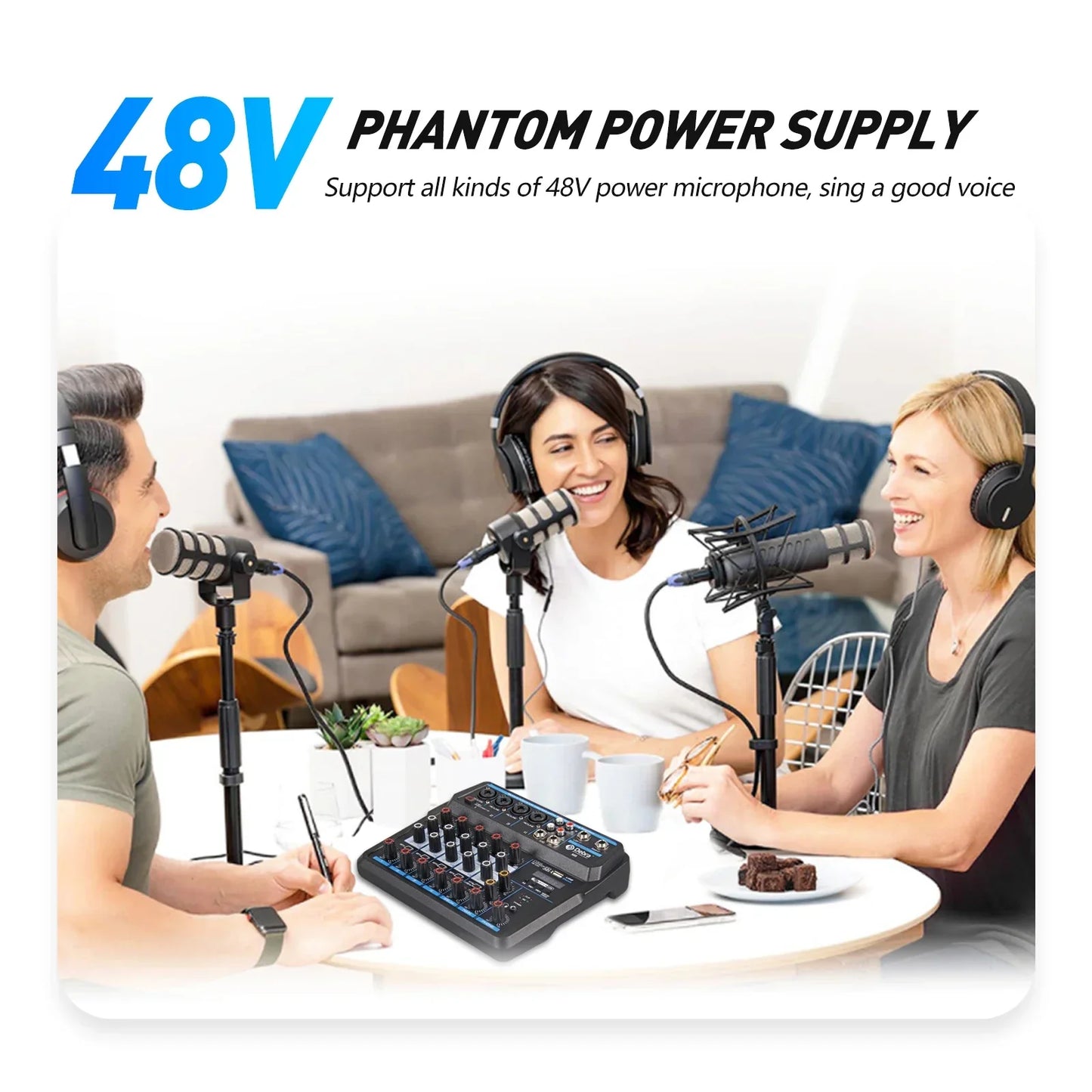 Black 48v phantom power supply mixer dj console with blue illuminated controls for recording karaoke microphone and mixing audio interface