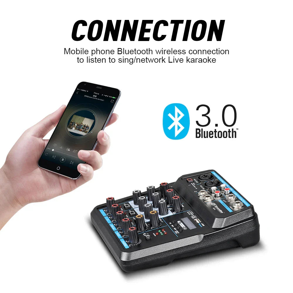 Black and blue bluetooth 3.0 mixer dj console with multiple knobs and input jacks for recording karaoke microphone use
