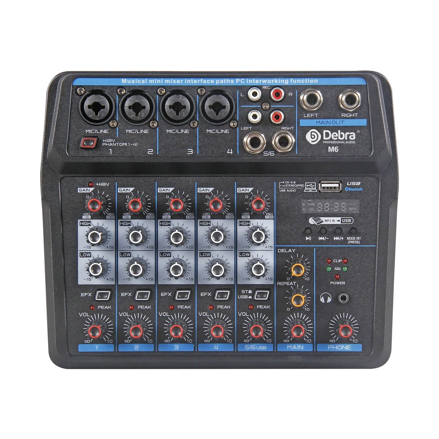 Black debra m6 professional mixer dj console with blue accents and multiple jacks for recording karaoke microphone use
