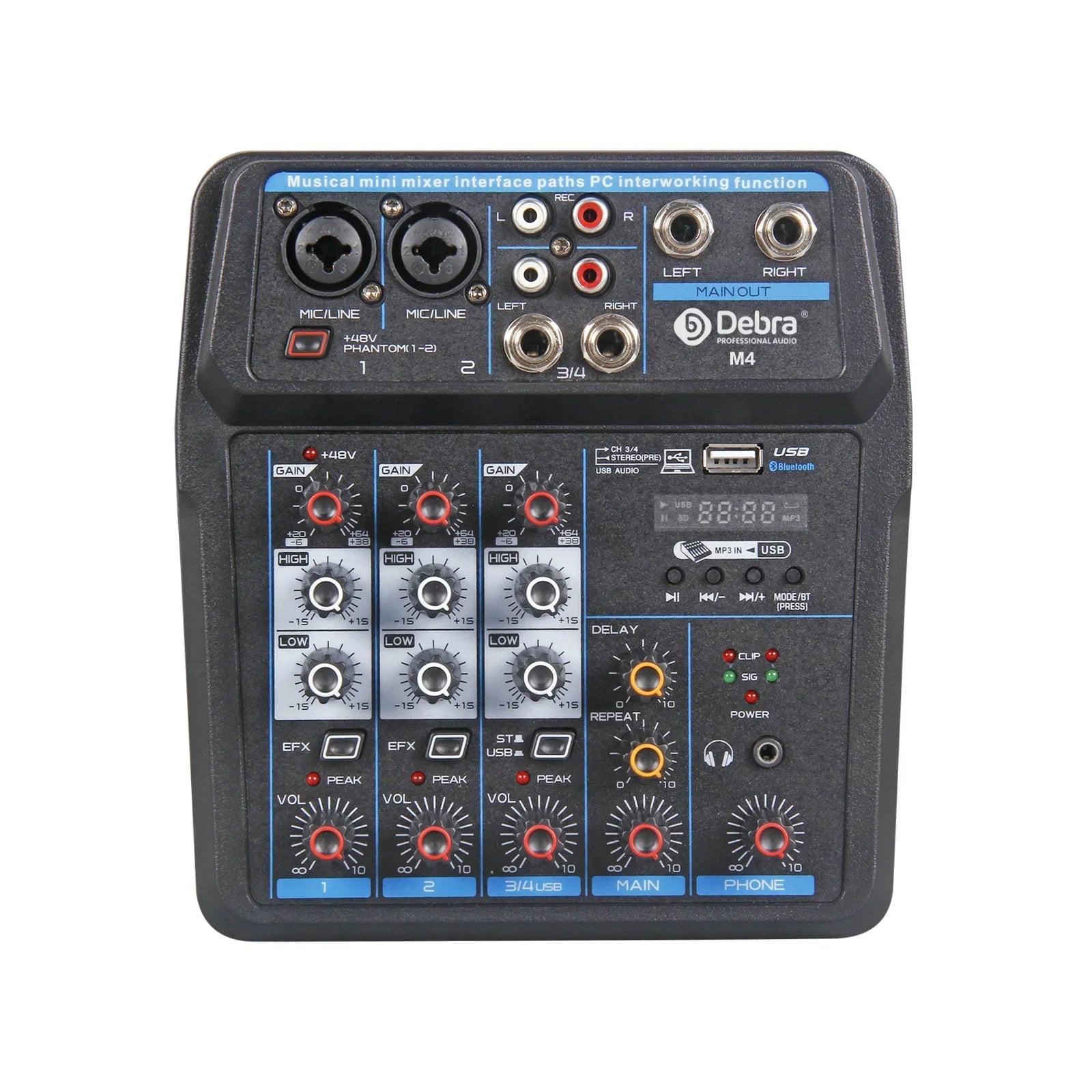 Black debra m4 professional mixer dj console with blue accents and multiple ports for recording karaoke microphone mixing audio interface