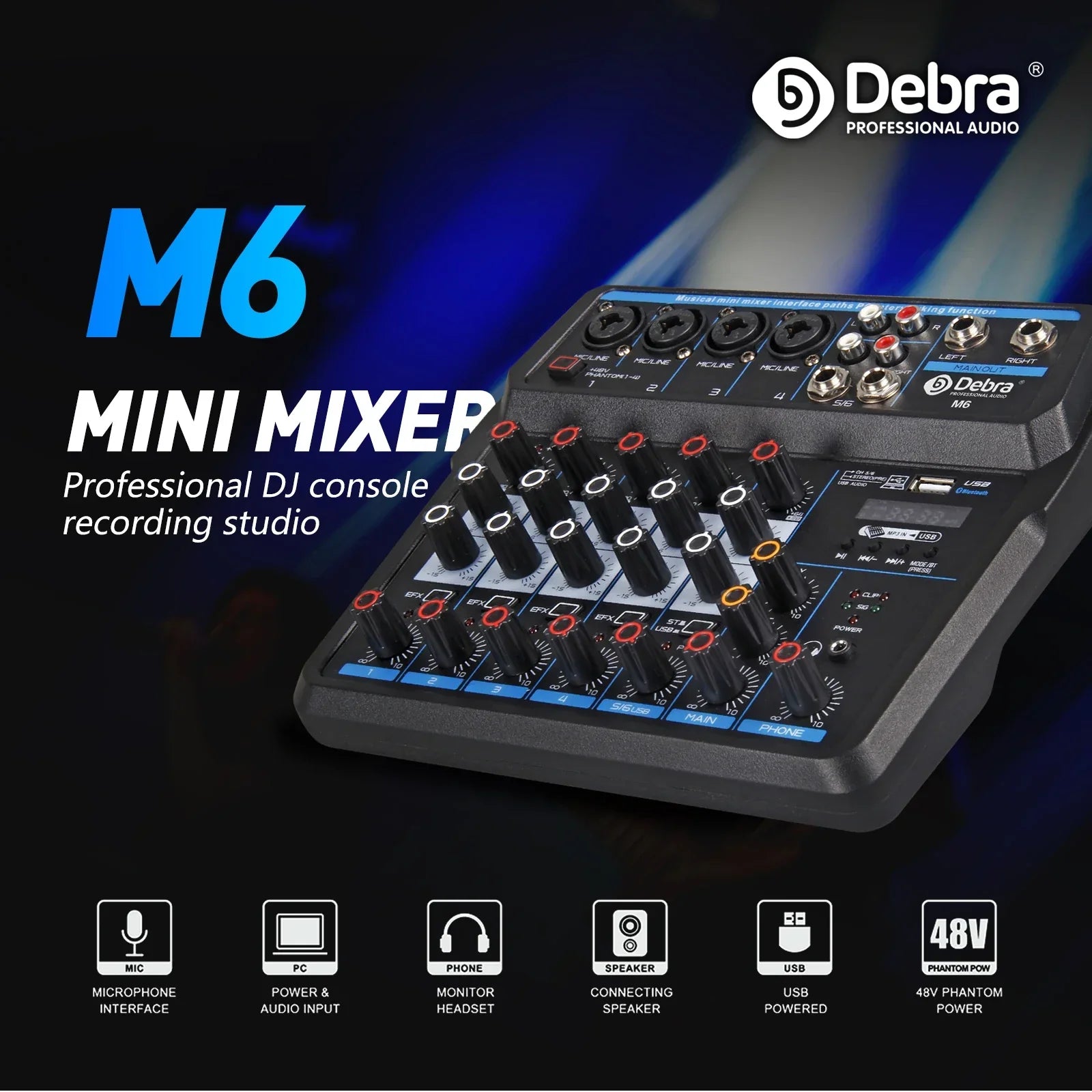 Black debra m6 mini mixer dj console with blue accent lighting red orange knobs for recording karaoke microphone use