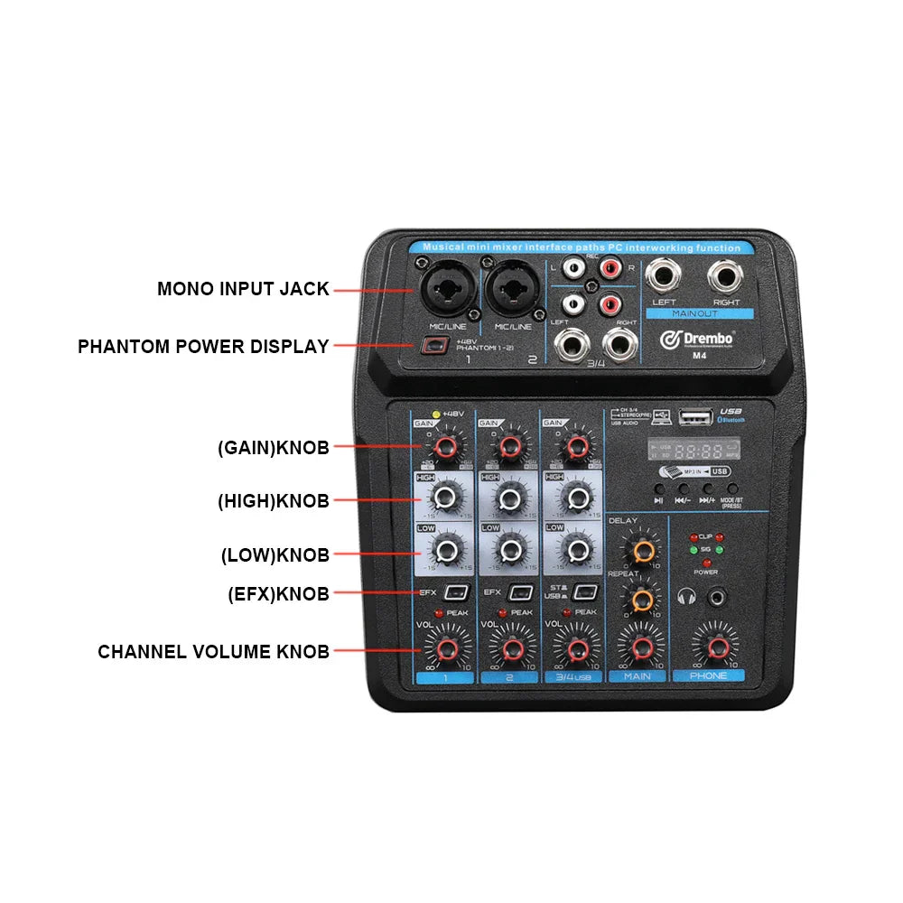 Black drembo m4 mixer dj console with blue accents featuring multiple input jacks for recording karaoke microphone and mixing audio interface