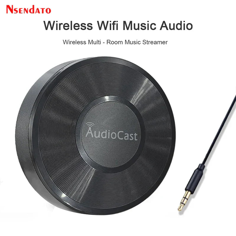 Black circular wireless wifi music audio streamer with vinyl record design and audiocast branding dlna airplay adapter
