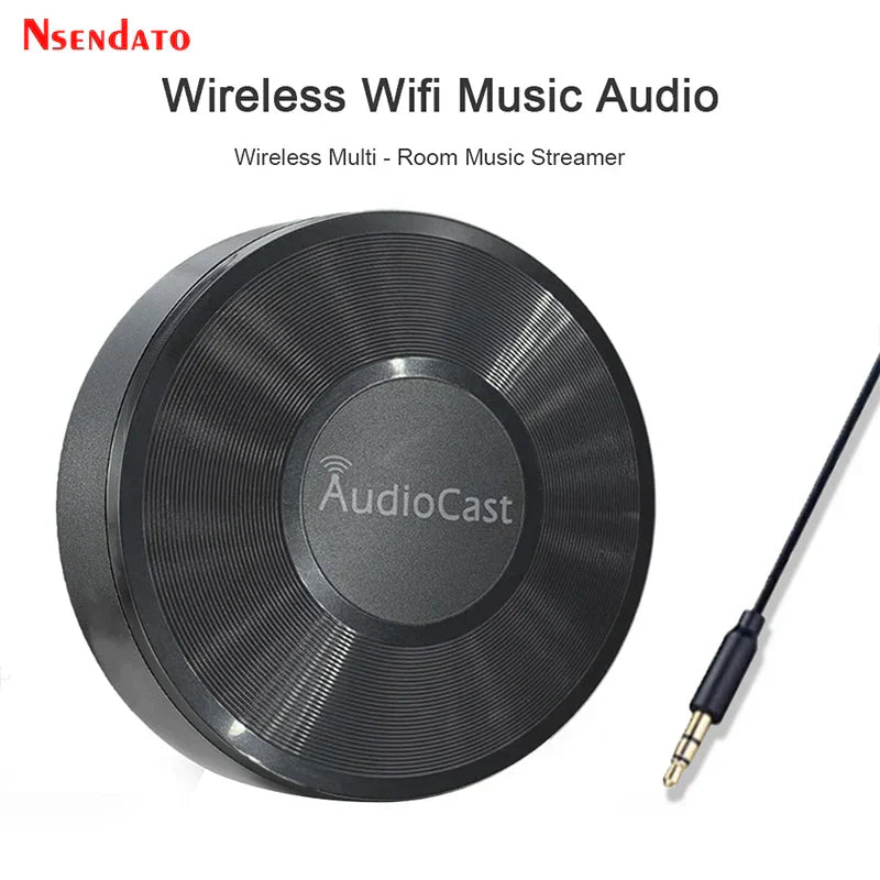 Black circular wireless wifi music audio streamer with vinyl design and audiocast branding dlna airplay adapter