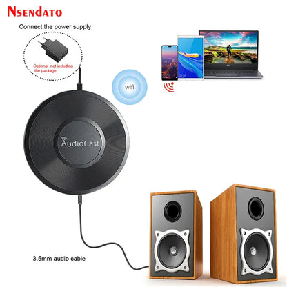 Black circular m5 audiocast dlna airplay adapter with textured surface connected by 3.5mm cable to wooden music audio speaker