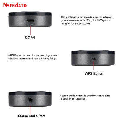 Black cylindrical m5 audiocast dlna airplay adapter with labeled ports for wireless music audio speaker and adapter spotify streamer