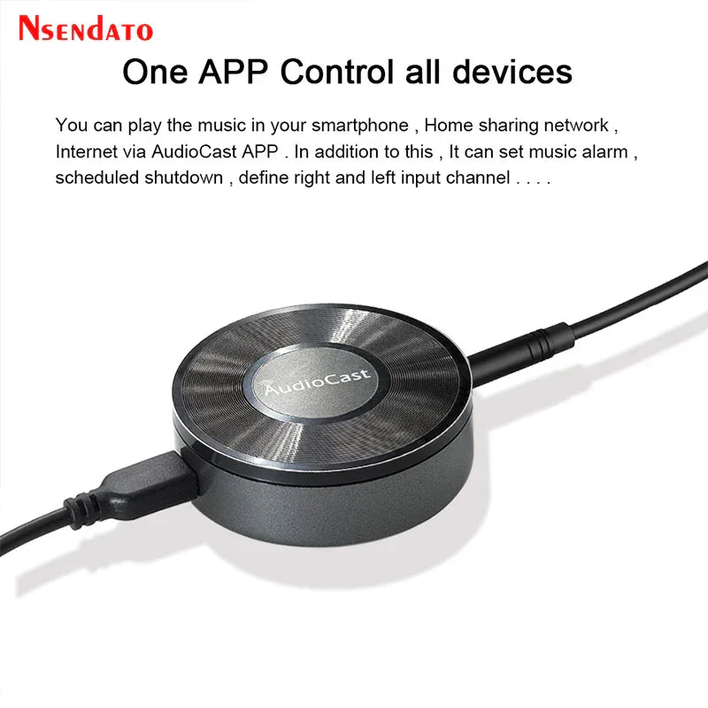 Black circular m5 audiocast dlna airplay adapter with brushed metal finish and two connected cables for music audio speaker use
