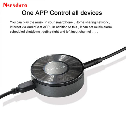 Black circular m5 audiocast dlna airplay adapter with brushed metal finish and two connected cables for music audio speaker use