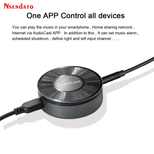 Black circular m5 audiocast dlna airplay adapter with brushed metal finish and two connected cables for music audio speaker use