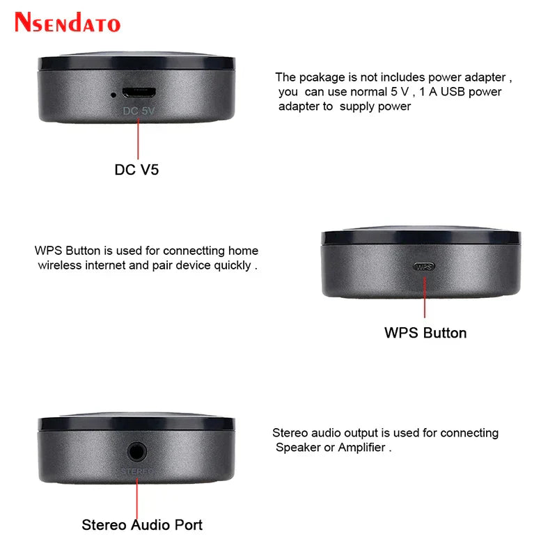 Black cylindrical m5 audiocast dlna airplay adapter with matte finish showing labeled ports for music audio speaker use