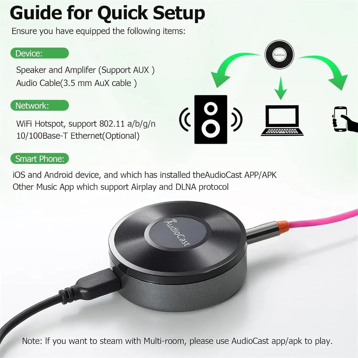 Black circular m5 audiocast hifi wireless receiver with matte finish and cables for wireless receiver airplay and bluetooth audio adapter