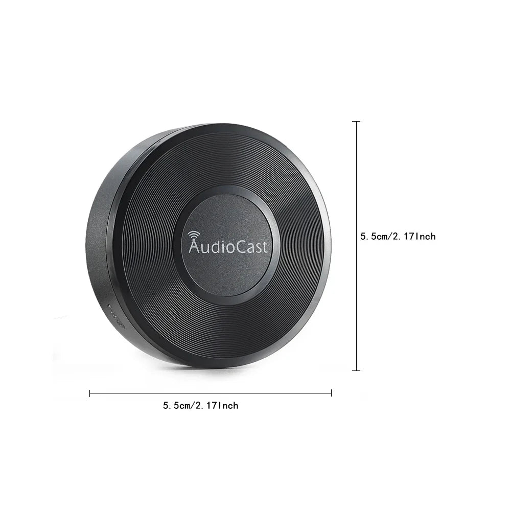 Black circular audiocast hifi wireless receiver with textured ribbed surface and centered logo for multi-room streaming