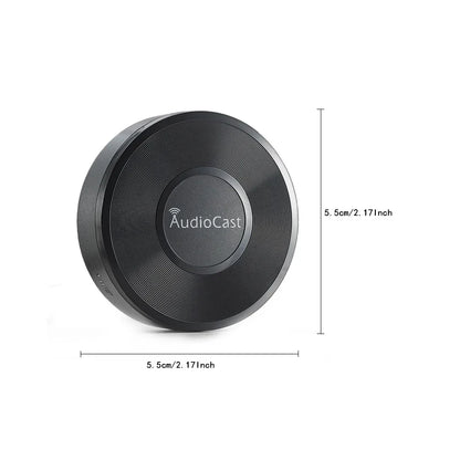 Black circular audiocast hifi wireless receiver with textured ribbed surface and centered logo for multi-room streaming