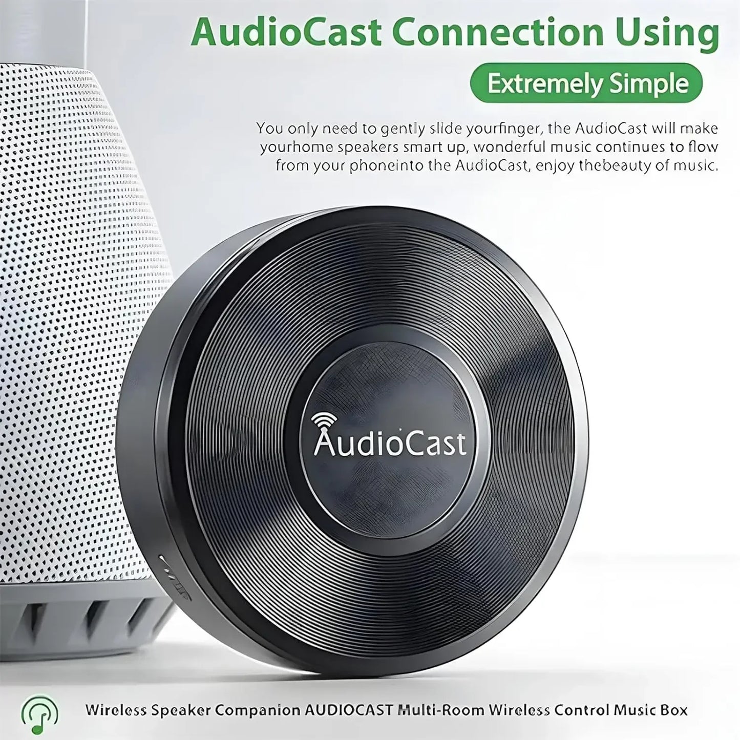 Black circular audiocast hifi wireless receiver airplay bluetooth audio adapter with vinyl texture and centered logo for multi-room streaming