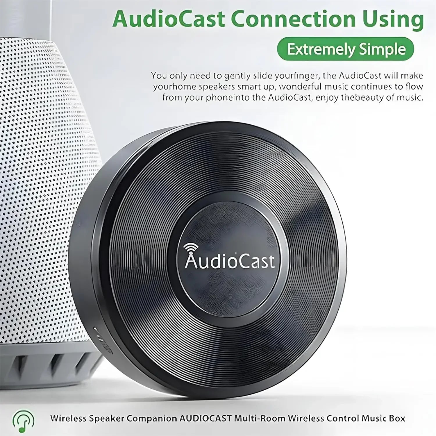 Black circular audiocast hifi wireless receiver airplay bluetooth audio adapter with vinyl texture and centered logo for multi-room streaming