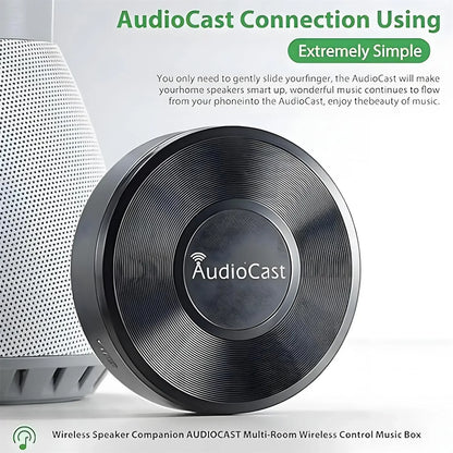 Black circular audiocast hifi wireless receiver airplay bluetooth audio adapter with vinyl texture and centered logo for multi-room streaming