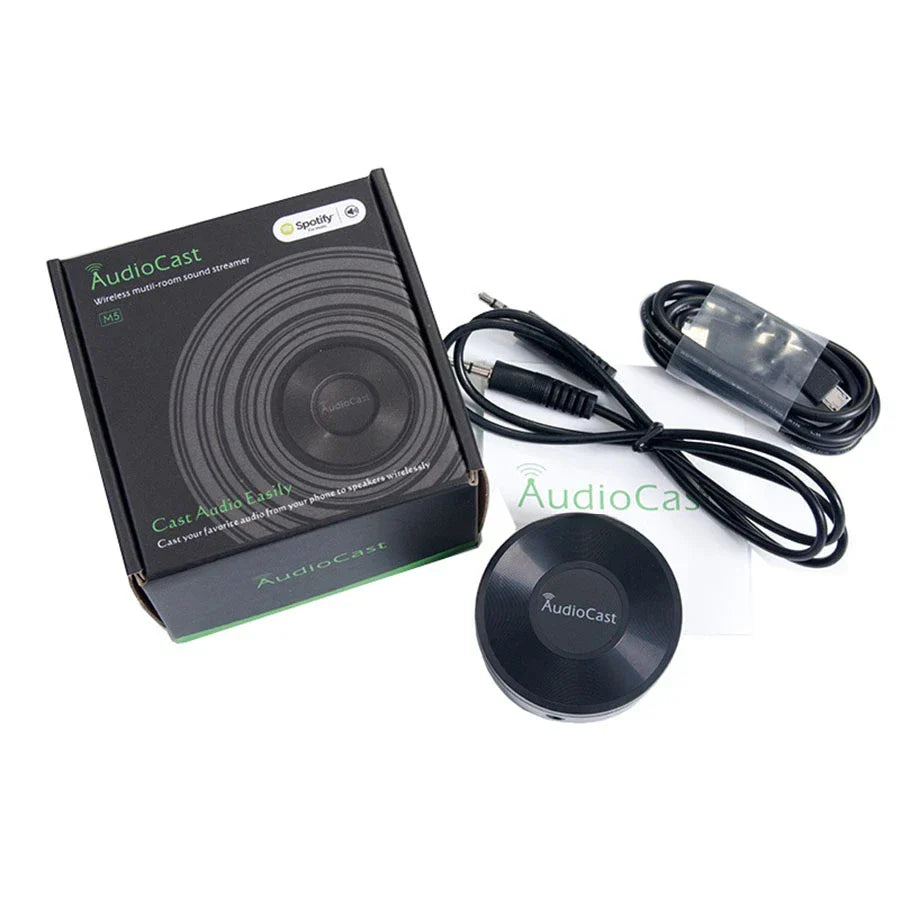 Black circular audiocast hifi wireless receiver with matte finish and subtle branding for multi-room music streaming
