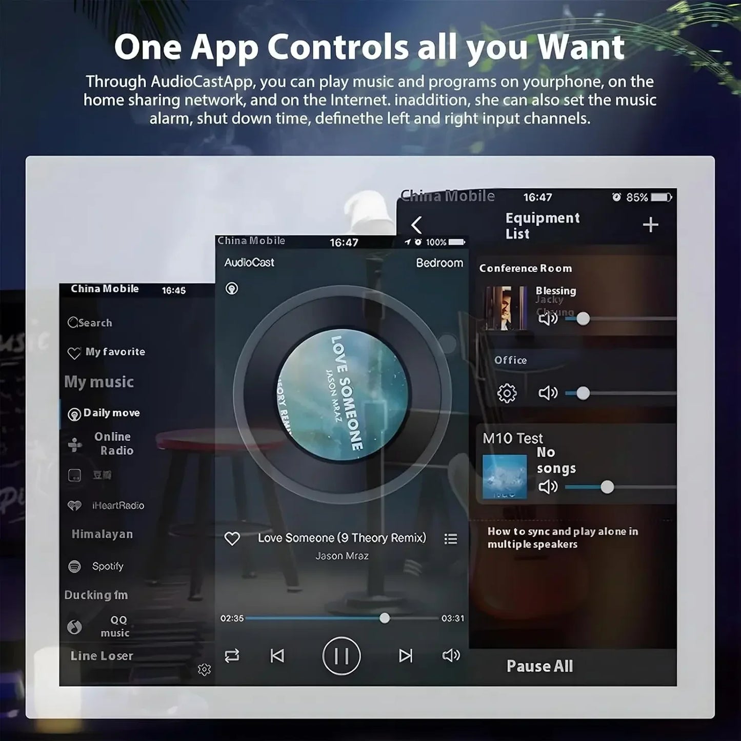 A sleek smartphone displaying audiocast hifi wireless app with multi-room controls on m5 wireless receiver airplay interface