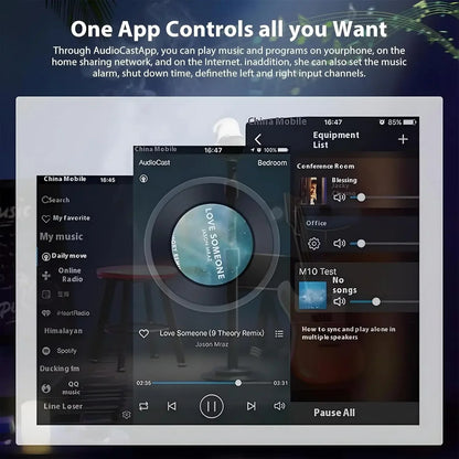 A sleek smartphone displaying audiocast hifi wireless app with multi-room controls on m5 wireless receiver airplay interface