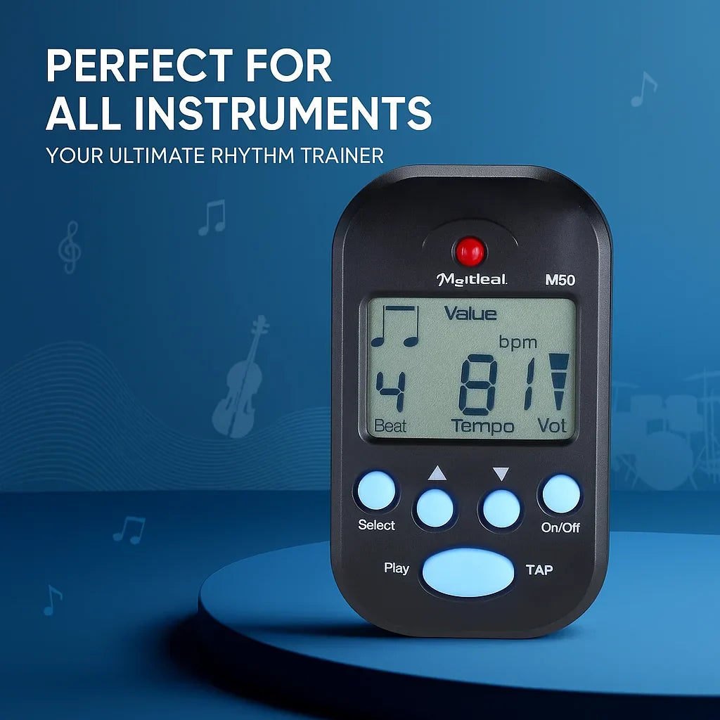 Black m50 guitar metronome with blue-lit buttons and red power button for rhythm metronome electric violin bass stringed use
