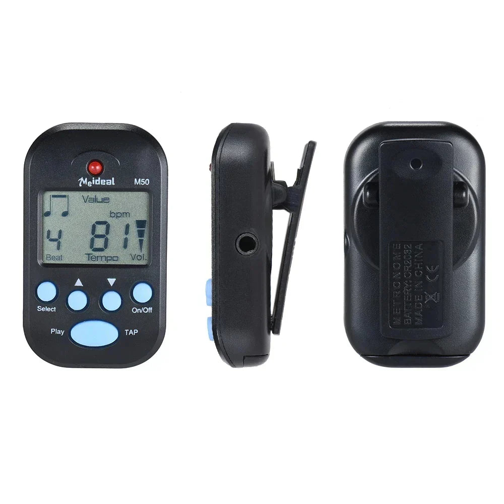 Black plastic m50 guitar metronome with blue buttons and digital display for rhythm metronome electric violin bass stringed use