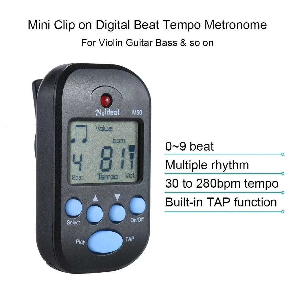 Black plastic m50 guitar metronome with blue buttons and red led indicator rhythm metronome electric for violin bass stringed instruments