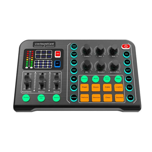 Black m6 sound card audio mixer with colorful buttons and knobs for live broadcast karaoke and game singing voice control