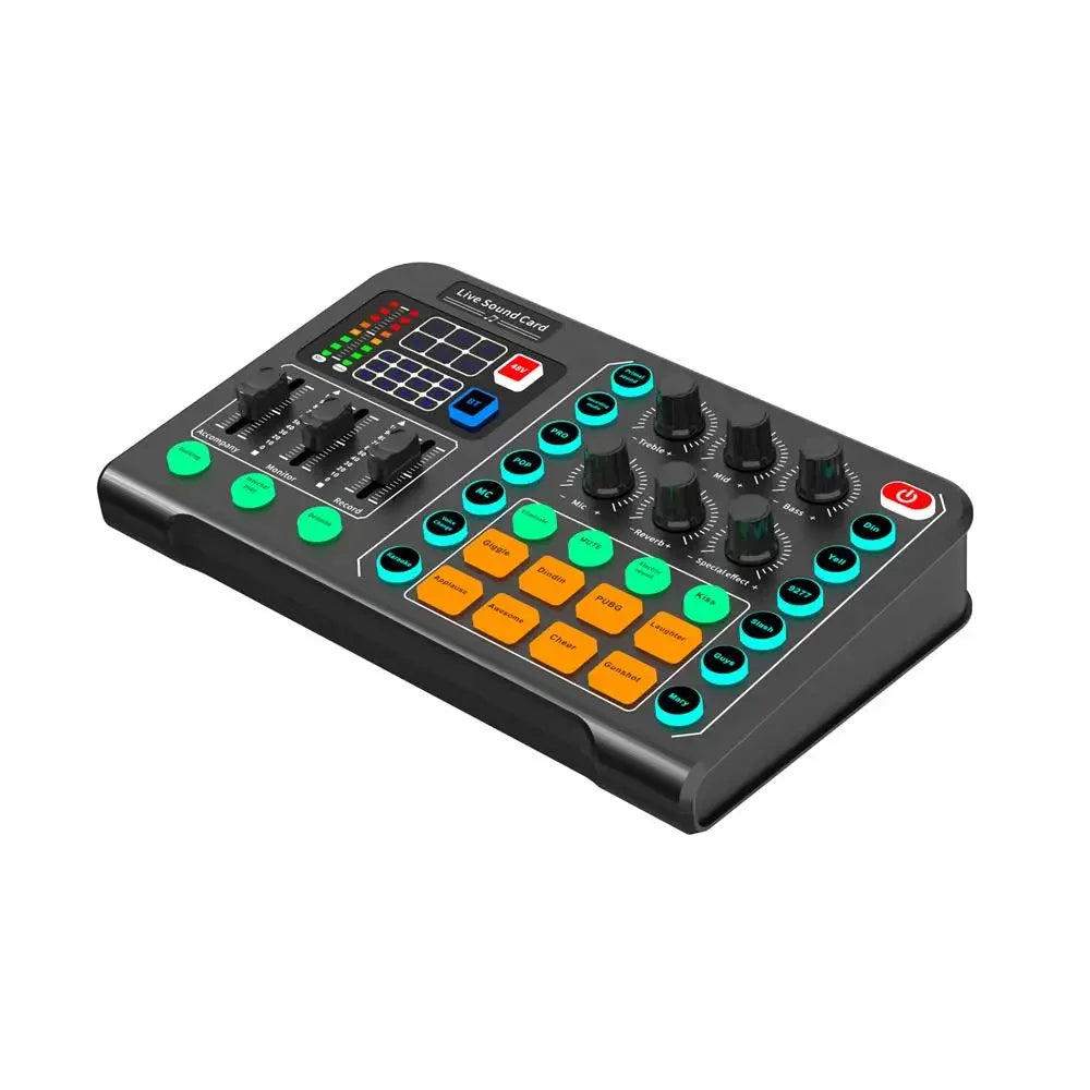 Black m6 sound card audio mixer with colorful buttons and knobs for live broadcast karaoke and game singing voice
