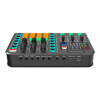 Black compact card audio mixer with colorful knobs and labeled ports for live broadcast karaoke and game singing voice use