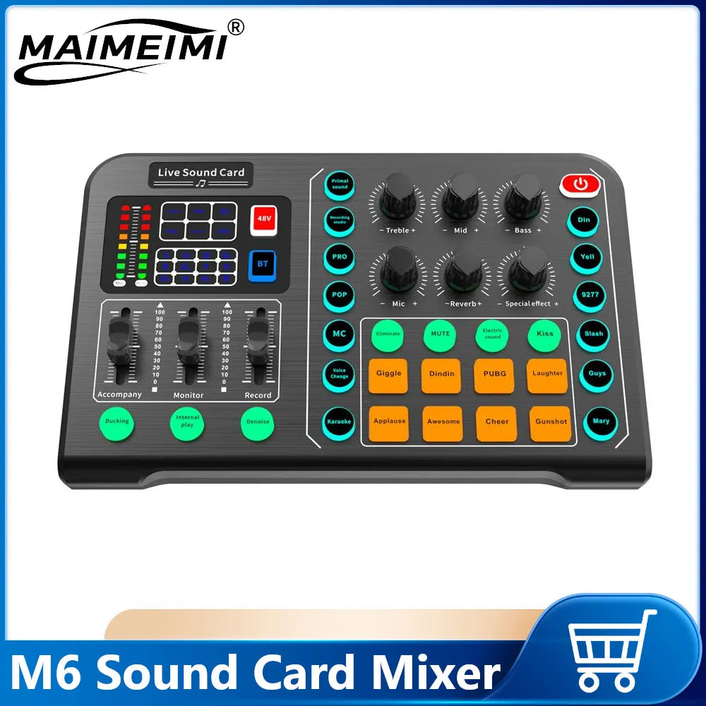 Black maimeimi m6 card audio mixer with colorful illuminated buttons for live broadcast karaoke and game singing voice control