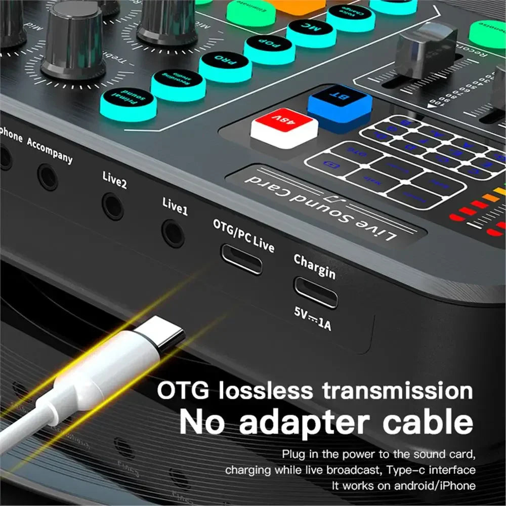 Black portable m6 sound card audio mixer with illuminated knobs and usb-c port for live broadcast karaoke and game singing voice