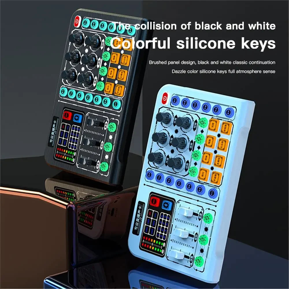 Black and white brushed panel M6 sound card audio mixer with colorful silicone keys for live broadcast karaoke and game singing voice
