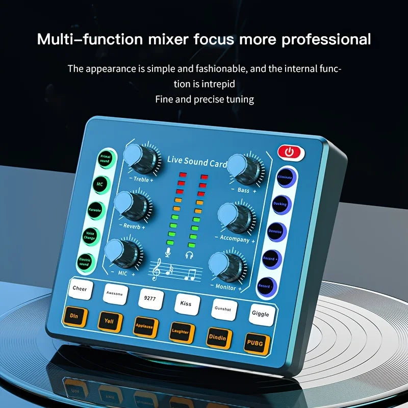 Blue rectangular m8 audio interface podcast equipment with premium mic preamp and colorful led indicators for portable podcast production studio
